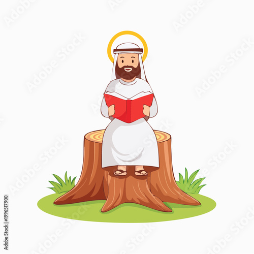 Saint reading a book on a tree stump