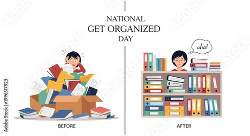 Vector illustration celebrating National Get Organized Day, showing a before-and-after transformation from a cluttered, disorganized pile of books and folders to a tidy, organized