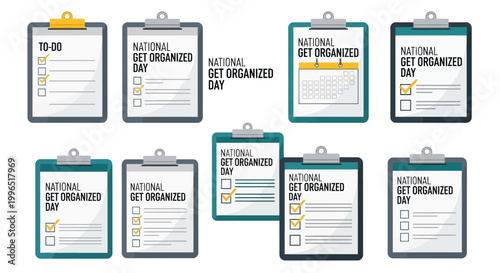 A set of clipboard illustrations promoting National Get Organized Day, each featuring a to-do list, checklist, or calendar, rendered in a clean vector style against a white background