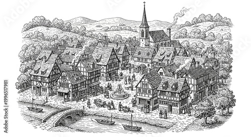 Medieval village illustration featuring buildings church bridge and river