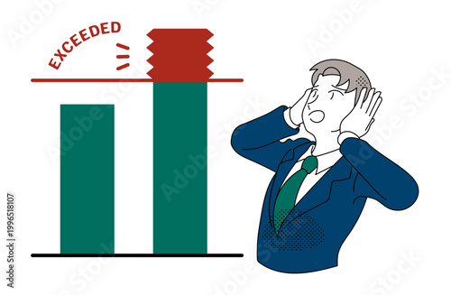 Businessman shocked by bar chart exceeding budget limit