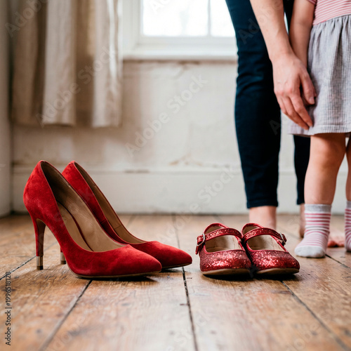 Concepto de maternidad y crecimiento: zapatos de madre e hija juntos
