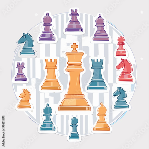 Colorful Chess Pieces Arranged in a Circle