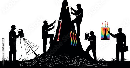 A group of people working together to create a colorful art installation in a field vector silhouette