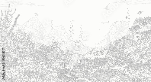 Underwater scene illustration with coral reefs fish and bubbles