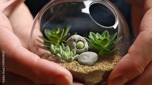 Hands gently hold a small glass terrarium filled with lush green succulents and decorative stones