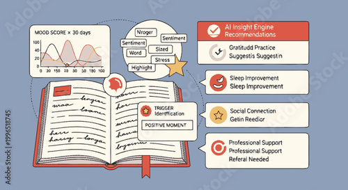 AI-Powered Mental Health App Interface Illustration Showing Mood Tracking, Journaling Analysis, and Personalized Wellness Recommendations