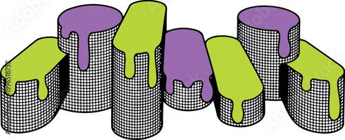 A row of isometric paint cans with vibrant green and purple liquid dripping against a transparent backdrop.