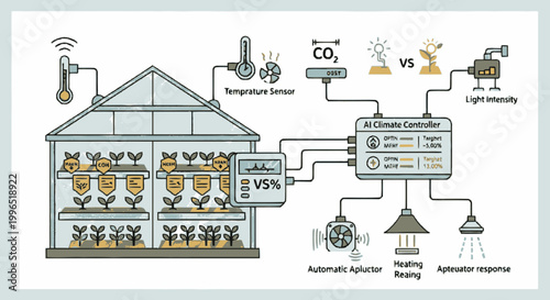 Smart Greenhouse System Infographic with AI Climate Controller, Temperature Sensors, and Automatic Actuators for Precision Agriculture