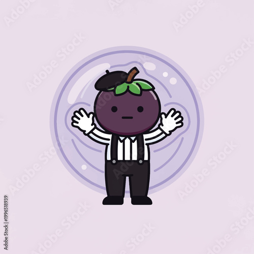 Cute Cartoon Mangosteen Character Wearing a Beret and Suspenders.