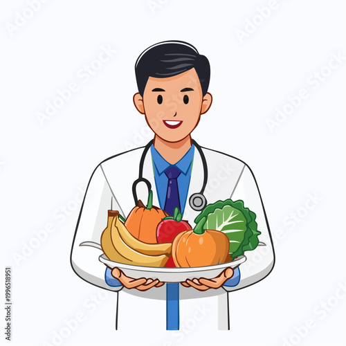 Doctor Holding Plate of Fresh Fruits and Vegetables