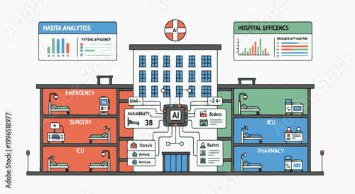 Smart Hospital Illustration showing Artificial Intelligence Integration for Healthcare Management and Resource Optimization