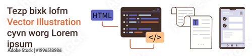 Web development, programming, coding education, software design, responsive design, digital technologies. Coding screen, documents and phone app interface. Web development and programming concept