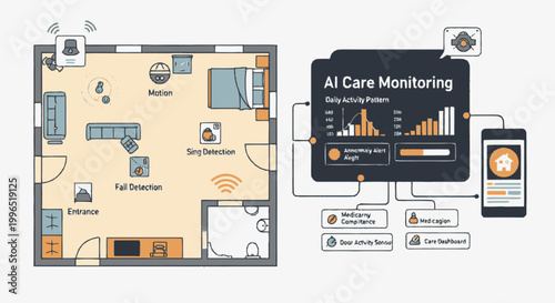 AI Care Monitoring Smart Home System for Elderly Health and Safety with Sensor Floor Plan and Dashboard