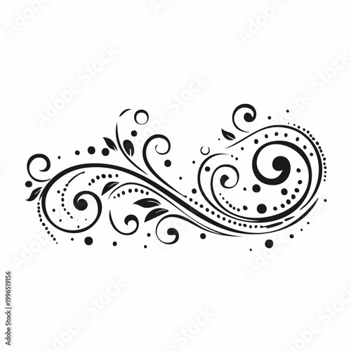Black Swirl Flourish with Dots and Leaves