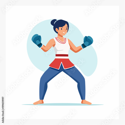 Woman Boxer in Fighting Stance with Blue Gloves