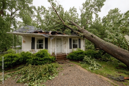 Fallen tree crushing damaged house roof