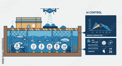 Smart Fish Farming and Aquaculture with AI Control, Automated Drone Feeding, and Real-time Sensor Monitoring Infographic Illustration