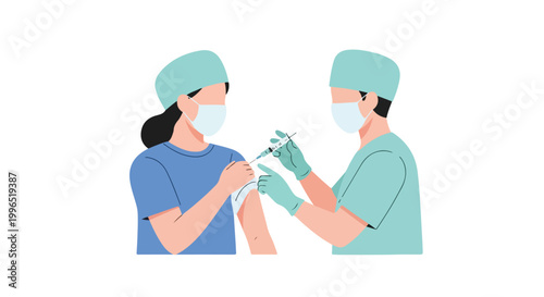 Vector illustration of a female medical worker getting vaccinated by a male colleague, both wearing face masks and protective scrub gear.