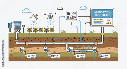 Smart AI Irrigation System Infographic with Underground Sensors, Drone Monitoring, and Automated Watering for Precision Agriculture