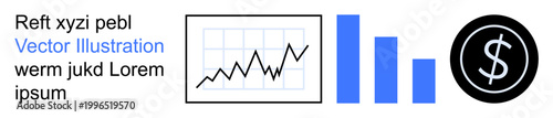 Financial analysis, business performance, data reporting, budgeting tools, corporate growth, monetary insights. Line chart, bar graph and dollar symbol icon. Financial analysis and business