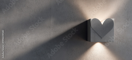 A minimalistic, heartwarming scene unfolds as light sculpts a paper heart casting playful shadows on a textured, concrete wall.