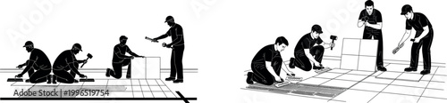 A group of construction workers installing flooring in a building vector silhouette