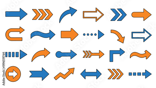 Colorful Arrow Icons Set, Direction Navigation Symbols Blue and Orange Flat Vector Collection
