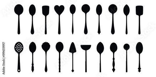 Spoon Silhouette Icons Set, Different Spoon Shapes Kitchen Utensil Black Vector Collection