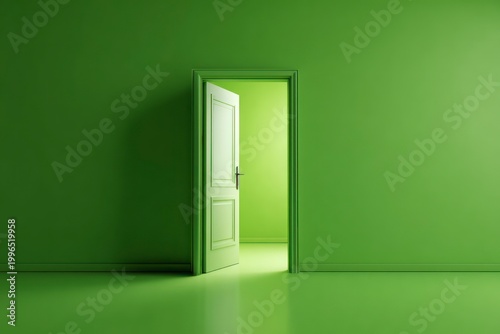 Green room with open door interior.
