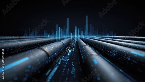 Data pipelines converge beneath a futuristic cityscape with glowing blue accents