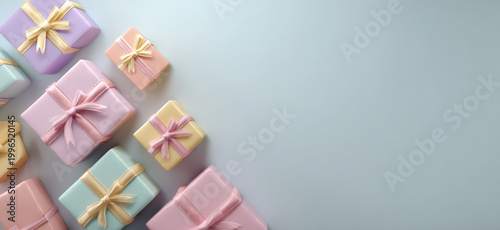An array of pastel-colored gift boxes with elegant bows, arranged artfully on a light background. evoking feelings of anticipation and celebration, the scene is bright and cheerful.
