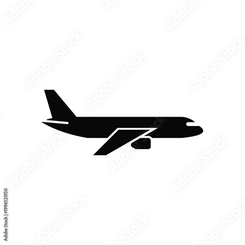 Minimalist black silhouette icon of an airplane, perfect for symbolizing air travel, global transportation, aviation, and the journey of flight across continents