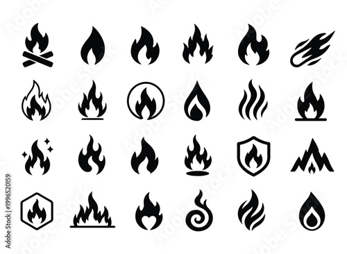 Fire Flame Icons Set, Different Flame Shapes Collection Black Silhouette Vector