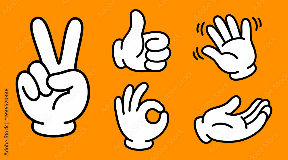 Fototapeta premium Collection of white cartoon gloved hands displaying various expressive gestures like peace thumb up waving and okay in vector format
