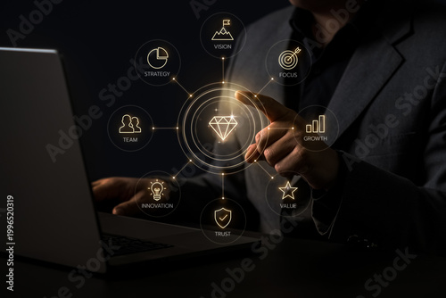 Hand interacts with a glowing circular interface and diamond icon, combining business strategy control with premium brand value positioning and digital workflow.