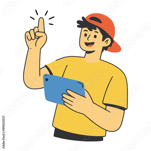 boy holding portable tablet media flat color vector illustration template design