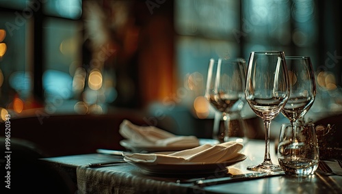 Elegant table setting with wine glasses, napkins, and plates in a dim restaurant