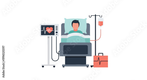 A patient lies in a hospital bed, connected to a heart monitor and an IV drip, with a medical kit nearby.