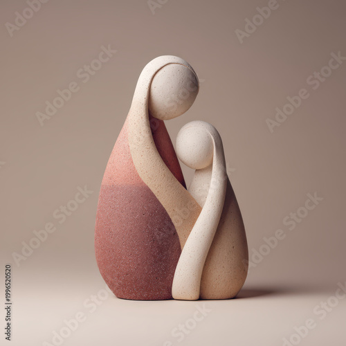 A serene mother and child embrace in a sculpture. Reflecting the warmth of a loving bond and capturing the essence of a tender, protective relationship.
