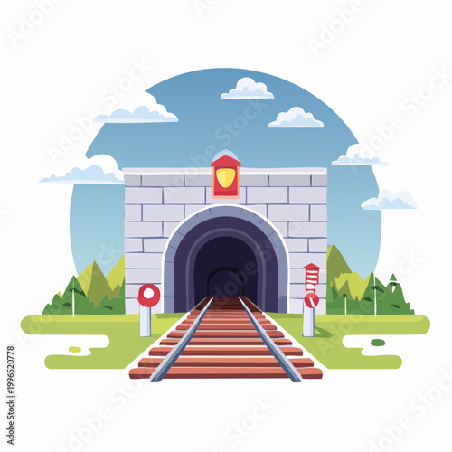 Train tunnel entrance with tracks and signals