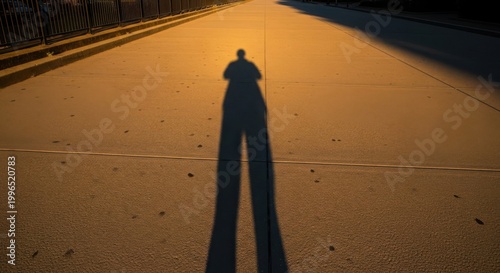 Long shadow of a person on a concrete sidewalk at sunset with golden hour lighting, featuring a metal fence on the left side and an urban street background under warm light.