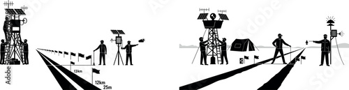 A film crew sets up equipment on a runway for a dramatic movie shoot vector silhouette