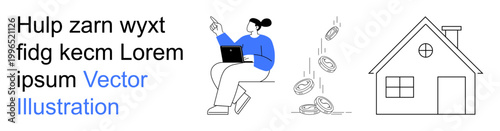 Financial planning, remote work, investment ideas, housing market, business strategy, economy. Person with laptop, falling coins house outline. Remote work and investment concept