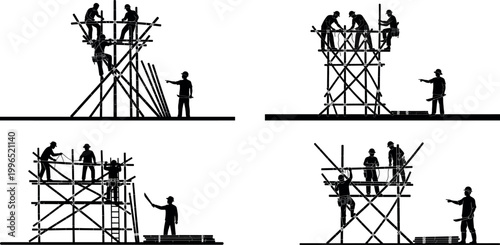 Workers on scaffolding at a construction site in various poses and positions vector silhouette