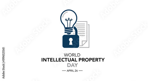 Vector illustration depicting the World Intellectual Property Day, featuring a light bulb atop a padlock, symbolizing idea protection, set against a clean white background to promote