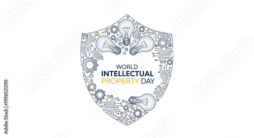 Detailed vector illustration for World Intellectual Property Day featuring a shield shape filled with lightbulbs and gears, symbolizing innovation and creativity on a clean white