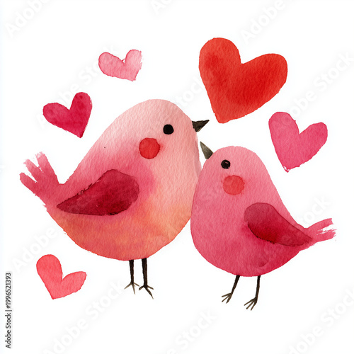 two pink birds kissing with red heart-shaped clipart, on a white background, in a watercolor valentine's day them.,
