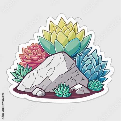 Stylized Succulent Plants Growing Around a Rock