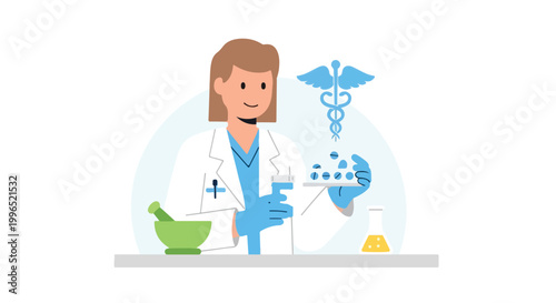 A pharmacist in a white coat and blue gloves inspects a tray of pills near a mortar, pestle, and caduceus symbol in a clean laboratory setting.